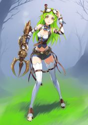 Rule 34 | 1girl, adjusting goggles, bare shoulders, belt, boots, borrowed character, detached sleeves, full body, goggles, goggles on head, grapnel, grappling hook, grass, green hair, kriss sison, long hair, navel, orange eyes, original, pointy ears, rynn (acerailgun), short shorts, shorts, solo, steampunk, thigh boots, thighhighs, tree