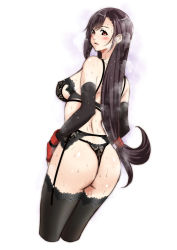 Rule 34 | 1girl, artist request, ass, black hair, blush, breasts, earrings, elbow gloves, final fantasy, final fantasy vii, from behind, gloves, highres, itachou, jewelry, long hair, looking back, red eyes, solo, sweat, thighhighs, thong, tifa lockhart, white background