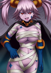 Rule 34 | &gt;:d, 1girl, :d, bandages, bandages, blue gloves, breasts, cape, colored skin, cowboy shot, elbow gloves, gloves, hand on own hip, jewelry, large breasts, looking at viewer, lord of vermilion, lord of vermilion iii, naked bandage, navel, necklace, nibansu, open mouth, persephone (lord of vermilion), pink eyes, pink hair, pink skin, smile, solo, tattoo, twintails, v-shaped eyebrows