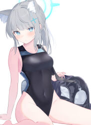 Rule 34 | 1girl, :o, animal ear fluff, animal ears, arm support, bag, bare arms, bare legs, bare shoulders, barefoot, black one-piece swimsuit, blue archive, blue eyes, blush, breasts, commentary request, competition swimsuit, covered navel, extra ears, grey hair, hair ornament, halo, highres, looking at viewer, medium breasts, official alternate costume, one-piece swimsuit, parted lips, roido (taniko-t-1218), school bag, school swimsuit, shiroko (blue archive), shiroko (swimsuit) (blue archive), simple background, solo, swimsuit, white background, wolf ears