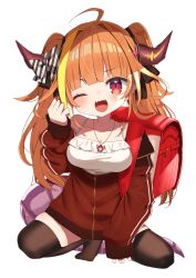 Rule 34 | 1girl, aged down, ahoge, backpack, bag, bare shoulders, bow, breasts, brown thighhighs, collarbone, commentary request, dragon girl, dragon horns, dragon tail, highres, hololive, horn bow, horn ornament, horns, jacket, jewelry, kiryu coco, kiryu coco (loungewear), kneeling, long hair, looking at viewer, medium breasts, multicolored hair, necklace, noi mine, on one knee, one eye closed, open mouth, oppai loli, orange hair, randoseru, red eyes, red jacket, smile, solo, spread legs, streaked hair, tail, thighhighs, tiptoes, virtual youtuber, zipper pull tab