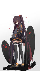Rule 34 | 1girl, absurdres, ahoge, alternate costume, black footwear, black shorts, black sweater, black thighhighs, brown hair, casual, commentary request, contemporary, flower, from behind, full body, genshin impact, ghost, hair between eyes, hair flower, hair ornament, head tilt, highres, hood, hooded sweater, hu tao (genshin impact), long hair, long sleeves, looking at viewer, looking back, orange eyes, qixia, shoes, short shorts, shorts, sidelocks, simple background, smile, sneakers, streetwear, sweater, symbol-shaped pupils, thighhighs, thighs, twintails, twisted torso, white background, zettai ryouiki