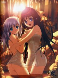 Rule 34 | 2girls, :d, ass, bamboo, bamboo forest, bare shoulders, blue eyes, blue hair, brown hair, forest, haruno yume, impossible towel, long hair, looking at viewer, multiple girls, naked towel, nature, open mouth, outdoors, primitive link, ribbon, ricopheria duende, smile, sunset, towel, tsukimori hiro, wading, water, wet