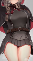 Rule 34 | 1girl, arms behind back, belt, black capelet, black dress, braid, breasts, brown belt, brown hair, buttons, capelet, close-up, commentary request, dress, head out of frame, highres, hood, hood up, hooded capelet, kantai collection, kasoku souchi, large breasts, long hair, long sleeves, low twintails, pleated dress, red ribbon, ribbon, shinshuu maru (kancolle), simple background, solo, steam, steaming body, thighs, twin braids, twintails
