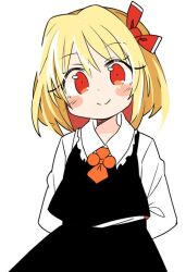Rule 34 | 1girl, arms behind back, black skirt, black vest, blonde hair, blush stickers, bow, hair bow, ini (inunabe00), long sleeves, looking at viewer, medium hair, red bow, red eyes, rumia, shirt, simple background, skirt, smile, solo, touhou, vest, white background, white shirt