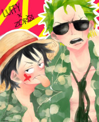 Rule 34 | 2boys, black hair, camouflage, character name, earrings, facepaint, facial mark, glasses, green hair, hat, jewelry, male focus, monkey d. luffy, multiple boys, one-eyed, one piece, open clothes, open shirt, roronoa zoro, scar, shirt, simple background, straw hat, striped, striped background, sunglasses, tongue