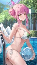 Rule 34 | 1girl, absurdres, accessories, alternate costume, ball, beachball, bikini, blue archive, blush, breasts, chie (user snfh8333), cleavage, double bun, hair bun, halo, highres, large breasts, looking at viewer, low wings, mika (blue archive), pink hair, pool, solo, swimsuit, tree, water, wings, yellow eyes