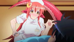 Rule 34 | 10s, 1boy, 1girl, animated, animated gif, breasts, lamia, large breasts, long hair, miia (monster musume), monster girl, monster musume no iru nichijou, nurse, red hair, smile, yellow eyes