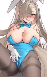 Rule 34 | 1girl, animal ears, asuna (blue archive), asuna (bunny) (blue archive), blue archive, blue bow, blue bowtie, blue eyes, blue leotard, blush, bow, bowtie, breasts, brown pantyhose, cameltoe, cleavage, covered navel, detached collar, fake animal ears, female masturbation, fingering, gloves, grin, hair over one eye, halo, highres, large breasts, leotard, light brown hair, long hair, looking at viewer, masturbation, mole, mole on breast, ndgd, pantyhose, playboy bunny, sitting, smile, thighband pantyhose, very long hair, white gloves