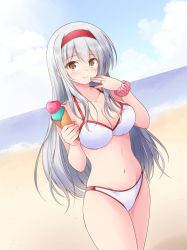 Rule 34 | 1girl, alternate costume, bare shoulders, beach, bikini, blush, breasts, brown eyes, cleavage, collarbone, commentary request, commission, food, hairband, highres, holding, holding food, ice cream, kantai collection, large breasts, long hair, looking at viewer, navel, pink scrunchie, red hairband, scrunchie, shizuna kaede, shoukaku (kancolle), skeb commission, smile, solo, swimsuit, white bikini, white hair, wrist scrunchie