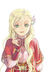 Rule 34 | 1girl, asymmetrical bangs, blonde hair, breasts, cape, green eyes, hair between eyes, hair ornament, hair over shoulder, hand up, high-waist skirt, long hair, long sleeves, looking at viewer, medium breasts, mileena weiss, niku (mikantabetaizoo), open mouth, red cape, red skirt, shirt, skirt, smile, solo, tales of (series), tales of the rays, upper body, wavy hair, white background, white shirt
