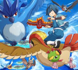 Rule 34 | 1boy, ahoge, articuno, black footwear, black wristband, blue eyes, blue hair, blue shorts, clenched teeth, cloud, creatures (company), day, falkner (pokemon), flying, game freak, gen 1 pokemon, gen 2 pokemon, gen 3 pokemon, gen 4 pokemon, great ball, gym leader, hair over one eye, holding, holding poke ball, legendary pokemon, looking back, motion lines, natu, nintendo, noctowl, ocean, on one knee, outdoors, pelipper, pidgeot, poke ball, pokemoa, pokemon, pokemon (creature), pokemon hgss, riding, riding pokemon, short hair, shorts, sky, smile, staraptor, swellow, teeth, water, wristband