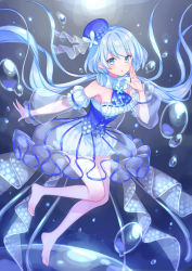 Rule 34 | 1girl, air bubble, ascot, bare legs, bare shoulders, barefoot, blue ascot, blue dress, blue eyes, blue hair, blush, bubble, detached sleeves, dress, full body, hand on own face, highres, long hair, long sleeves, looking at viewer, original, personification, puffy long sleeves, puffy sleeves, see-through, see-through sleeves, solo, suzaku (zaku6584), underwater