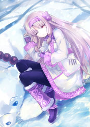 Rule 34 | 1girl, ainu clothes, animal, arm up, bear, bkko, black pantyhose, boots, bow, commentary request, fate/grand order, fate (series), fingerless gloves, fur trim, gloves, hair between eyes, hair bow, hairband, half-closed eye, hand up, illyasviel von einzbern, leg warmers, light brown hair, long hair, long sleeves, lying, on side, one eye closed, pantyhose, parted bangs, parted lips, pink hairband, purple bow, purple footwear, purple gloves, red eyes, shirou (bear) (fate), sitonai (fate), snow, snowing, very long hair