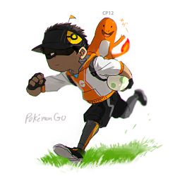 Rule 34 | 1boy, artist self-insert, backpack, bad id, bad pixiv id, bag, black hair, carrying, carrying under arm, charmander, clenched hand, copyright name, creatures (company), dark-skinned male, dark skin, egg, fingerless gloves, fire, flame-tipped tail, game freak, gen 1 pokemon, gloves, grass, hood, hoodie, hscatter, male focus, male protagonist (pokemon go), nintendo, pokemon, pokemon (creature), pokemon go, running, shaded face, short hair, visor cap, waving, white background