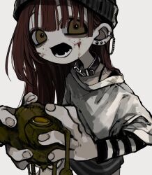Rule 34 | 1girl, animal collar, beanie, black hat, blood, blood on face, brown hair, collar, dress, fingernails, hat, highres, holding, holding stuffed toy, layered sleeves, long hair, long sleeves, looking at viewer, open mouth, original, oshio (shioqqq), shirt, short over long sleeves, short sleeves, simple background, solo, standing, striped clothes, striped dress, stuffed animal, stuffed frog, stuffed toy, teeth, upper body, white background, white shirt, yellow eyes