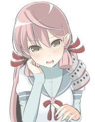 Rule 34 | 10s, 1girl, akashi (kancolle), alternate eye color, armor, bad id, bad nicoseiga id, blush, brown eyes, commentary request, hair ribbon, kantai collection, layered sleeves, long hair, long sleeves, looking at viewer, masupa kiriu, open mouth, pink hair, ribbon, school uniform, serafuku, short over long sleeves, short sleeves, shoulder pads, simple background, solo, teeth, tress ribbon, twintails, white background