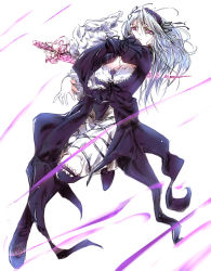 Rule 34 | 00s, 1girl, boots, breasts, dress, frills, hairband, knee boots, long hair, medium breasts, purple eyes, rozen maiden, silver hair, solo, suigintou, sword, tousen, weapon