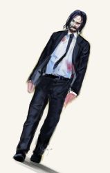 Rule 34 | 1boy, black footwear, black hair, black jacket, black necktie, black pants, blood, blood on clothes, blood on face, brown background, collared shirt, commentary, dutch angle, gurifu, jacket, john wick, john wick (character), long sleeves, male focus, necktie, open clothes, open jacket, pants, shadow, shirt, shoes, signature, solo, walking, white shirt