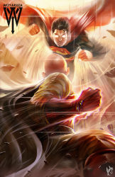 Rule 34 | 2boys, bald, battle, black hair, bodysuit, cape, ceasar ian muyuela, clenched hand, crossover, dc comics, dust, gloves, glowing, glowing eyes, male focus, manly, multiple boys, one-punch man, punching, red eyes, red gloves, saitama (one-punch man), superman, superman (series), wizyakuza