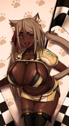 Rule 34 | 1girl, animal ear fluff, animal ears, bikini, black bikini, black choker, blush, boots, breasts, brown lips, cat ears, cat girl, cat tail, checkered flag, choker, cleavage, commentary, commission, curvy, dark-skinned female, dark skin, earrings, english commentary, extra ears, flag, grey hair, hair down, hair ribbon, highres, huge breasts, jewelry, kevbot, legs together, long hair, looking at viewer, love handles, microskirt, mismatched eyebrows, mole, mole under eye, muffin top, navel, original, ponytail cat girl (kevbot), prehensile tail, race queen, red eyes, red ribbon, ribbon, short sleeves, shrug (clothing), side slit, skindentation, skirt, smile, solo, sweat, swimsuit, tail, thick eyebrows, thigh boots, thigh strap, thighhighs, underboob, very dark skin, zipper pull tab