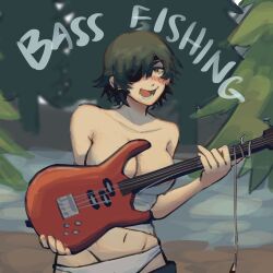 Rule 34 | 1girl, bass guitar, black hair, blush, breasts, camisole, chainsaw man, drooling, forest, highres, himeno (chainsaw man), holding, holding instrument, instrument, large breasts, liowig, looking at viewer, midriff, nature, off shoulder, partially undressed, pine tree, saliva, short hair, smile, solo, tree, white camisole