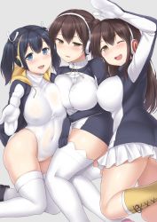 Rule 34 | 10s, 3girls, :d, ;d, akagi (kancolle), arm above head, ass, blue eyes, blue hair, blush, boots, breast press, breasts, brown eyes, brown hair, cosplay, covered erect nipples, covered navel, elbow gloves, emperor penguin (kemono friends), emperor penguin (kemono friends) (cosplay), gentoo penguin (kemono friends), gentoo penguin (kemono friends) (cosplay), gentoo penguin (kemono friends) cosplay, girl sandwich, gloves, grey background, hair between eyes, headwear request, hood, hoodie, kaga (kancolle), kantai collection, kemono friends, knee boots, kneehighs, large breasts, leotard, long hair, looking at viewer, multiple girls, one eye closed, open mouth, parted lips, pleated skirt, reaching, reaching towards viewer, royal penguin (kemono friends), royal penguin (kemono friends) (cosplay), royal penguin (kemono friends) cosplay, sama samasa, sandwiched, side ponytail, simple background, skirt, smile, socks, souryuu (kancolle), thighhighs, thighs, twintails, white legwear, white skirt, yellow footwear