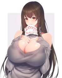 Rule 34 | 1girl, bare shoulders, blush, border, braid, breasts, brown eyes, brown hair, cleavage, cleavage cutout, clothing cutout, hands on own chest, highres, huge breasts, in mouth, long hair, milestone celebration, original, side braid, single braid, solo, sweater, turtleneck, turtleneck sweater, upper body, white border, zucchini