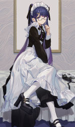 Rule 34 | 1girl, absurdres, apron, bed, blue hair, camera, dress, eyebrows hidden by hair, glasses, hair ornament, hairclip, high heels, highres, lance (lancelliu), leg up, long hair, looking at viewer, maid, maid apron, maid headdress, mary janes, nail, original, purple eyes, shoes, sitting, solo, strappy heels, twintails, white legwear