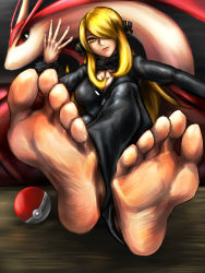 Rule 34 | 1girl, absurdres, barefoot, blonde hair, breasts, cleavage, creatures (company), cynthia (pokemon), feet, game freak, gen 3 pokemon, hair over one eye, highres, large breasts, long hair, looking at viewer, milotic, nintendo, poke ball, pokemon, pokemon dppt, soles, toes, yellow eyes