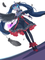 Rule 34 | 1girl, 32zzz, ankle boots, armor, black dress, black footwear, black nails, black thighhighs, black wings, blue cape, blue eyes, blue hair, boots, bow, brooch, cape, closed mouth, commentary, cure sky, cut bangs, cure sky (dark), dark persona, detached sleeves, dress, dress bow, dutch angle, english commentary, expressionless, feathered wings, fingerless gloves, frilled dress, frills, gloves, glowing, glowing eyes, glowing fist, grey dress, grey gloves, highres, hirogaru sky! precure, jewelry, long hair, looking at viewer, magical girl, medium dress, multicolored hair, pantyhose, pauldrons, precure, puffy detached sleeves, puffy sleeves, revision, short dress, shoulder armor, single pauldron, single sidelock, single wing, sleeveless, sleeveless dress, solo, sora harewataru, spiked pauldrons, standing, streaked hair, thighhighs, torn cape, torn clothes, twintails, two-tone dress, very long hair, wing brooch, wing hair ornament, wings