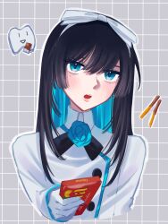 Rule 34 | 1girl, ado (utaite), black bow, black bowtie, black hair, blue eyes, blue flower, blue hair, blue rose, blush, bow, bowtie, candy, chando (ado), chocolate, chocolate bar, cloud nine inc, collared shirt, colored inner hair, commentary, cropped torso, dress shirt, flower, flower brooch, food, ghana (chocolate), gloves, grey background, hair between eyes, hair bow, highres, holding, holding chocolate, holding food, long hair, long sleeves, looking at viewer, mole, mole under eye, multicolored hair, open mouth, pocky, reaching, reaching towards viewer, rose, shadow, shirt, solo, spica (spica5f9ea0), symbol-only commentary, teeth, tooth, two-tone hair, upper body, upper teeth only, utaite, white bow, white gloves, white shirt