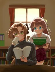Rule 34 | akigumo (kancolle), batta no tsukudani, blue eyes, book, brown gloves, brown hair, collared shirt, commentary request, cup, dress, dress shirt, drinking, gloves, green eyes, grey sweater, hair ribbon, highres, kantai collection, kazagumo (kancolle), long hair, mug, purple dress, purple skirt, ribbon, shirt, skirt, sweater, white shirt, window