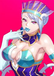 Rule 34 | 1girl, armor, blue hair, blue lips, blue rose (tiger &amp; bunny), breasts, covered erect nipples, detached collar, earrings, elbow gloves, eyeshadow, fake nails, gloves, headdress, jewelry, kisuu, large breasts, lips, lipstick, looking at viewer, makeup, nipples, parted lips, pink background, pink eyes, see-through, see-through armor, sidelocks, smile, solo, thick lips, tiger &amp; bunny, upper body