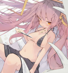 Rule 34 | 1girl, bikini, bikini top only, blush, bow, breasts, brown eyes, female focus, hair bow, highres, holding, holding knife, jewelry, jitome, knife, navel, necklace, nep (nep 76), original, purple hair, sitting, skindentation, skirt, solo, twintails, yellow bow