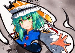 Rule 34 | 1girl, bad id, bad twitter id, blouse, blue vest, flat chest, green eyes, green hair, long sleeves, qqqrinkappp, shiki eiki, shirt, short hair, solo, touhou, traditional media, vest, white shirt, wide sleeves
