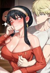 Rule 34 | 1boy, 2girls, absurdres, anya&#039;s heh face (meme), anya (spy x family), bare shoulders, black hair, blonde hair, blush, breasts, cleavage, earrings, father and daughter, geulimykun (skbyunea413), hetero, highres, husband and wife, implied sex, jewelry, korean commentary, large breasts, long sleeves, meme, mother and daughter, multiple girls, nipple stimulation, nipple tweak, off-shoulder sweater, off shoulder, peeking out, pink hair, red eyes, red sweater, revision, shirt, sidelocks, smile, spy x family, sweatdrop, sweater, trembling, twilight (spy x family), wavy mouth, white shirt, yor briar