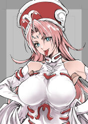 Rule 34 | 1girl, antenna hair, bare shoulders, blue eyes, breasts, collarbone, elbow gloves, eyes visible through hair, facial mark, forehead mark, gloves, grey background, hands on own hips, hat, highres, houshin engi, huge breasts, long hair, pink hair, sakayama shinta, shawl, simple background, skin tight, smile, so dakki, solo, tongue, tongue out
