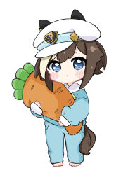 Rule 34 | 1girl, :o, barefoot, blue eyes, blue pants, blue shirt, blush stickers, brown hair, cheval grand (umamusume), chibi, commentary request, ears through headwear, full body, hat, highres, horse girl, hugging object, long sleeves, looking at viewer, multicolored hair, nozo (hitomiz), pants, parted lips, peaked cap, pillow, puffy long sleeves, puffy sleeves, shirt, simple background, sleeves past wrists, solo, standing, streaked hair, umamusume, white background, white hair, white hat