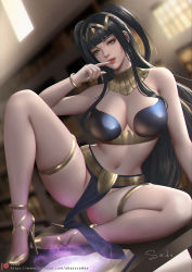 Rule 34 | 1girl, arm support, artist name, black hair, blurry, blurry background, bracelet, breasts, cleavage, collar, commentary, day, fire emblem, fire emblem awakening, gold trim, grey eyes, hand up, high heels, indoors, jewelry, light, light particles, lips, long hair, looking at viewer, medium breasts, navel, nintendo, pelvic curtain, sade abyss, short twintails, signature, simple background, sitting, stomach, tharja (fire emblem), thighs, tiara, twintails, window