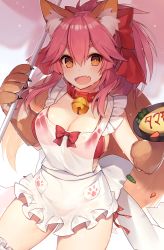 Rule 34 | 1girl, animal ear fluff, animal ears, animal hands, bell, bikini, bikini under clothes, blurry, breasts, bright pupils, cleavage, collar, cowboy shot, depth of field, fang, fate/grand order, fate (series), food, fox ears, fox tail, hair between eyes, hair ribbon, large breasts, long hair, looking at viewer, muryotaro, neck bell, omelet, omurice, open mouth, pink hair, red bikini, ribbon, see-through, solo, standing, sweat, swimsuit, tail, tamamo (fate), tamamo cat (fate), tamamo no mae (fate/extra), thighs, v-shaped eyebrows, yellow eyes