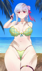 Rule 34 | 1girl, bare shoulders, beach, bikini, blue sky, blush, braid, braided ponytail, breasts, cleavage, collarbone, earrings, fate/grand order, fate (series), flower, frills, green bikini, hair flower, hair ornament, hair ribbon, highres, jewelry, kakumayu, kama (fate), kama (swimsuit avenger) (fate), kama (swimsuit avenger) (second ascension) (fate), large breasts, long hair, looking at viewer, lotus, navel, necklace, ocean, palm leaf, pendant, red eyes, ribbon, silver hair, sky, smile, solo, swimsuit, thigh strap, thighs