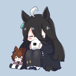 Rule 34 | 1girl, = =, agnes tachyon (umamusume), ahoge, animal ears, black hair, black jacket, black pantyhose, blue background, blush stickers, brown hair, character doll, chibi, closed eyes, commentary, cup, eyes visible through hair, facing viewer, full body, hair between eyes, highres, holding, holding cup, horse ears, horse girl, horse tail, jacket, knees up, long sleeves, manhattan cafe (umamusume), mug, nozo (hitomiz), pantyhose, shoes, simple background, sitting, solo, symbol-only commentary, tail, umamusume, uwabaki, white footwear