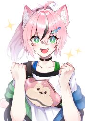 Rule 34 | absurdres, ahoge, animal bag, animal ear fluff, animal ears, black choker, blush, character request, choker, commentary request, fortissimo, gender request, green eyes, hair between eyes, hair ornament, hands up, highres, hyosei ek, long bangs, long hair, looking at viewer, multicolored hair, musical note, musical note hair ornament, off-shoulder jacket, off shoulder, open mouth, pink hair, ponytail, shirt, simple background, smile, straight-on, streaked hair, symbol-shaped pupils, teeth, tongue, upper body, upper teeth only, virtual youtuber, white background, white hair, white shirt