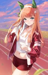 Rule 34 | 1girl, bad id, bad twitter id, blue eyes, breasts, cleavage, crop top, emyo, hairband, highres, holding, jacket, long hair, looking at viewer, midriff, navel, open clothes, orange hair, parted lips, red shorts, shirt, short shorts, shorts, silence suzuka (umamusume), smile, solo, stomach, sweat, towel, track and field, track jacket, umamusume, white shirt