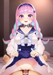 Rule 34 | 1girl, ahoge, anchor hair ornament, anchor symbol, bar censor, bedroom, blue bow, blue hair, blue hairband, blue nails, blue ribbon, blue sailor collar, blue skirt, blurry, blurry background, bow, braid, breasts, censored, cleavage, clothes lift, coat, collarbone, colored inner hair, fingernails, grinding, hair ornament, hair ribbon, hairband, hatsuitsumo, highres, hololive, indoors, large breasts, lifting own clothes, light blue hair, long hair, looking at viewer, minato aqua, multicolored hair, nail polish, neck ribbon, no panties, open clothes, open coat, open mouth, penis, pink hair, purple eyes, pussy, ribbon, sailor collar, shirt, skirt, skirt lift, smile, solo focus, streaked hair, thighhighs, thighs, twin braids, twintails, two-tone hair, virtual youtuber, white coat, white shirt, white thighhighs