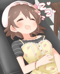 Rule 34 | 1girl, absurdres, black shirt, blush, bracelet, breasts, brown hair, buttons, checkered floor, closed eyes, commentary request, couch, dreaming, dress, drooling, floral print, frilled dress, frills, hair between eyes, hand on own stomach, hat, heart, highres, idolmaster, idolmaster cinderella girls, ikonaska, indoors, jewelry, kita hinako, lying, medium breasts, mob cap, necklace, open mouth, pink hat, rose print, shirt, short hair, short sleeves, sleeping, smile, solo, striped clothes, striped shirt, table, yellow dress, zzz