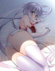 Rule 34 | 1girl, ass, bed sheet, blush, closed mouth, elbow gloves, gloves, highres, leotard, long hair, looking at viewer, lying, nyanmaru, on side, purple eyes, senki zesshou symphogear, silver hair, solo, thighhighs, twintails, very long hair, white gloves, white thighhighs, yukine chris