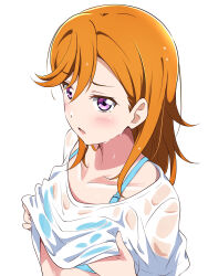 Rule 34 | 1girl, absurdres, blue bra, borgbutler, bra, clothes lift, commentary request, highres, lifting own clothes, light frown, long hair, looking at viewer, love live!, love live! superstar!!, open mouth, orange hair, partial commentary, purple eyes, shibuya kanon, shirt, shirt lift, short sleeves, solo, t-shirt, underwear, undressing, upper body, wet, wet clothes, wet hair, wet shirt, white shirt