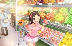 Rule 34 | 10s, 1girl, ;d, artist request, banana, bracelet, brown hair, collarbone, food, fruit, groceries, hairband, idolmaster, idolmaster cinderella girls, idolmaster cinderella girls starlight stage, jewelry, looking at viewer, low twintails, muramatsu sakura, necklace, official art, one eye closed, open mouth, orange (fruit), peach, shopping, shopping cart, skirt, smile, solo focus, twintails